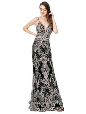 Elegant Black & Gold Baroque Sequin Gown | Deep V Formal Evening Dress